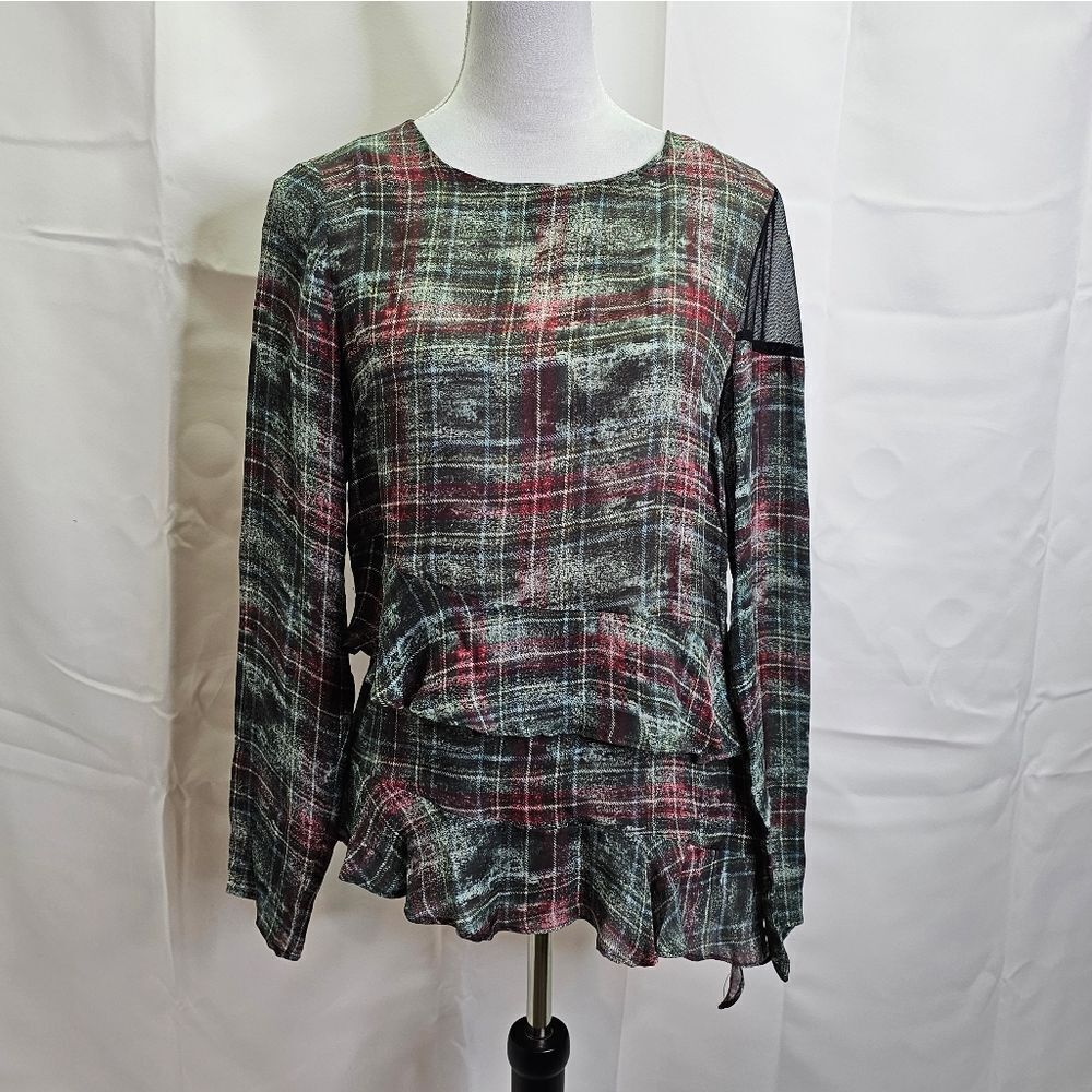 Artelier Nicole Miller Red and Green Silk Ruffle Blouse Size P(XS)